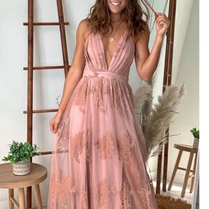Floral Tulle Maxi Dress in Blush | LUXXEL